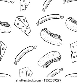 Seamless Pattern of Various Food hand drawn in black and white doodle vector