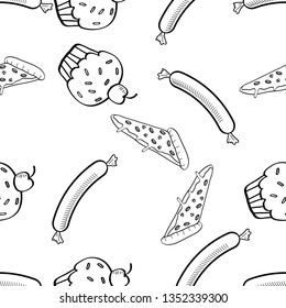 Seamless Pattern of Various Food hand drawn in black and white doodle vector
