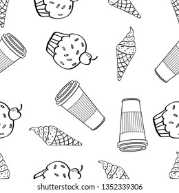 Seamless Pattern of Various Food hand drawn in black and white doodle vector