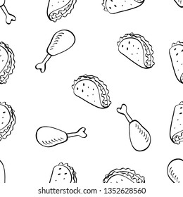 Seamless Pattern of various food hand drawn in black and white doodle vector