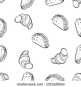 Seamless Pattern of various food hand drawn in black and white doodle vector