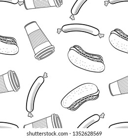 Seamless Pattern of various food hand drawn in black and white doodle vector