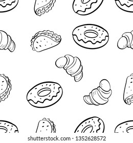 Seamless Pattern of various food hand drawn in black and white doodle vector