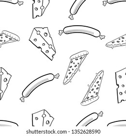 Seamless Pattern of various food hand drawn in black and white doodle vector