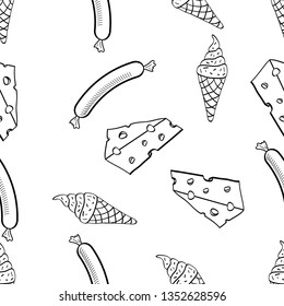 Seamless Pattern of various food hand drawn in black and white doodle vector