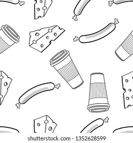 Seamless Pattern of various food hand drawn in black and white doodle vector
