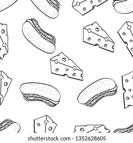 Seamless Pattern of various food hand drawn in black and white doodle vector