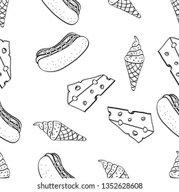 Seamless Pattern of various food hand drawn in black and white doodle vector