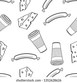 Seamless Pattern of various food hand drawn in black and white doodle vector