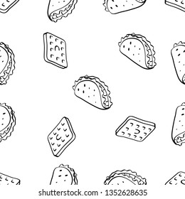 Seamless Pattern of various food hand drawn in black and white doodle vector