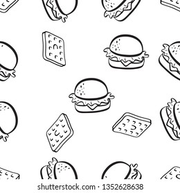 Seamless Pattern of various food hand drawn in black and white doodle vector
