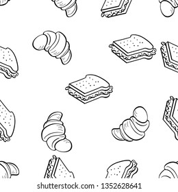 Seamless Pattern of various food hand drawn in black and white doodle vector