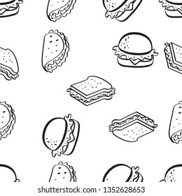 Seamless Pattern of various food hand drawn in black and white doodle vector
