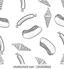 Seamless Pattern of various food hand drawn in black and white doodle vector