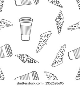 Seamless Pattern of various food hand drawn in black and white doodle vector
