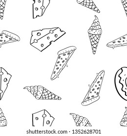 Seamless Pattern of various food hand drawn in black and white doodle vector