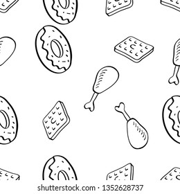 Seamless Pattern of various food hand drawn in black and white doodle vector