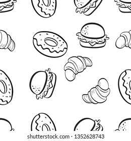 Seamless Pattern of various food hand drawn in black and white doodle vector