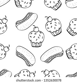 Seamless Pattern of Various Food hand drawn in black and white doodle vector