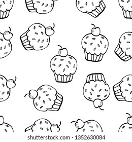 Seamless Pattern of Various Food hand drawn in black and white doodle vector