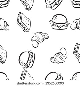 Seamless Pattern of Various Food hand drawn in black and white doodle vector