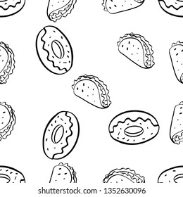 Seamless Pattern of Various Food hand drawn in black and white doodle vector
