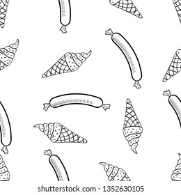 Seamless Pattern of Various Food hand drawn in black and white doodle vector