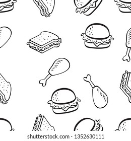 Seamless Pattern of Various Food hand drawn in black and white doodle vector