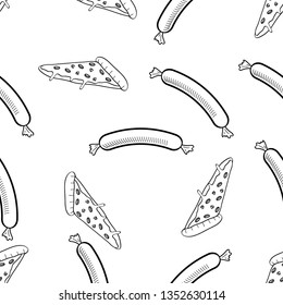 Seamless Pattern of Various Food hand drawn in black and white doodle vector