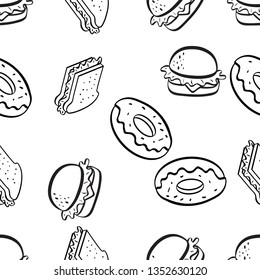 Seamless Pattern of Various Food hand drawn in black and white doodle vector