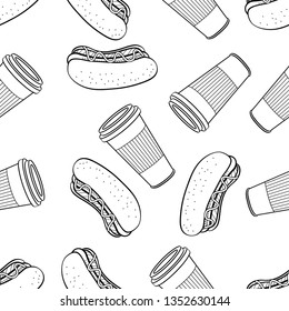 Seamless Pattern of Various Food hand drawn in black and white doodle vector