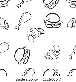 Seamless Pattern of Various Food hand drawn in black and white doodle vector