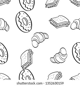 Seamless Pattern of Various Food hand drawn in black and white doodle vector