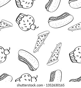 Seamless Pattern of Various Food hand drawn in black and white doodle vector