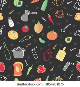 Seamless pattern with various food items and kitchen utensils:pumpkin, bottle, saucepan, coffee grinder, cup, spoon, cutting board, pepper, cucumbers, serving spoon, salt, turka, teapot, avocado