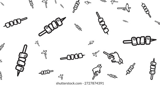 Un patrón sin fisuras de varios alimentos en pinchos, incluyendo salchichas y cubitos de carne, presentado en un estilo de arte de línea simple en blanco y negro.
