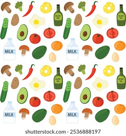 Seamless pattern with various foods like vegetables flat style.