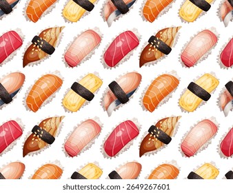 Padrão perfeito de vários sushi nigiri delicioso fresco. Comida tradicional japonesa. Cozinha asiática. Ilustração de fundo vetorial de comida saudável para bar, restaurante ou menu de take out em estilo cartoon.