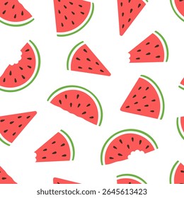 Seamless pattern with various fresh ripe watermelon slices on plain white background. Summer, dessert or fruit theme wallpaper. Vector illustration in flat style.