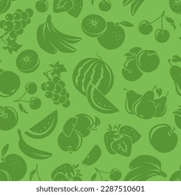 Seamless pattern with various fruit silhouettes. Green seamless background