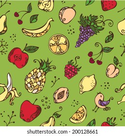 Seamless pattern of various fruits and berries. Vintage design elements on green background. 