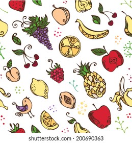 Seamless pattern of various fruits and berries. Vintage elements on white background. 