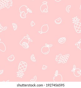 Seamless pattern with various fruits and fruit slices for packaging or wrapping paper design. Simple repeat design with minimalistic fruit icons