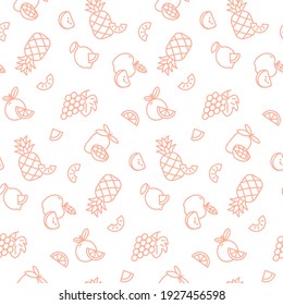 Seamless pattern with various fruits and fruit slices for packaging or wrapping paper design. Simple repeat design with minimalistic fruit icons