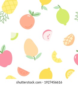 Seamless pattern with various fruits and fruit slices on white background for kids clothes. 