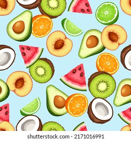 Seamless pattern with various fruits (peach, watermelon, orange, avocado, lime, coconut, and kiwi) on a blue background. Vector colorful background