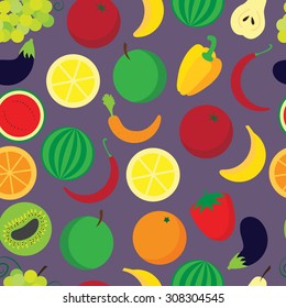 Seamless pattern with various fruits and vegetables in violet background. Vector