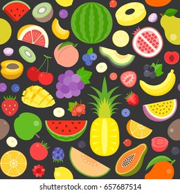 seamless pattern of various fruits, watermelon, pine apple, strawberry, berries, flat design suitable for banner or backdrop