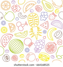 seamless pattern of various fruits, watermelon, pine apple, strawberry, berries, outline design suitable for banner or backdrop and wrapping paper