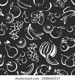 Seamless pattern with various fruits. White line art pattern with fruits on a black background. Chalkboard background